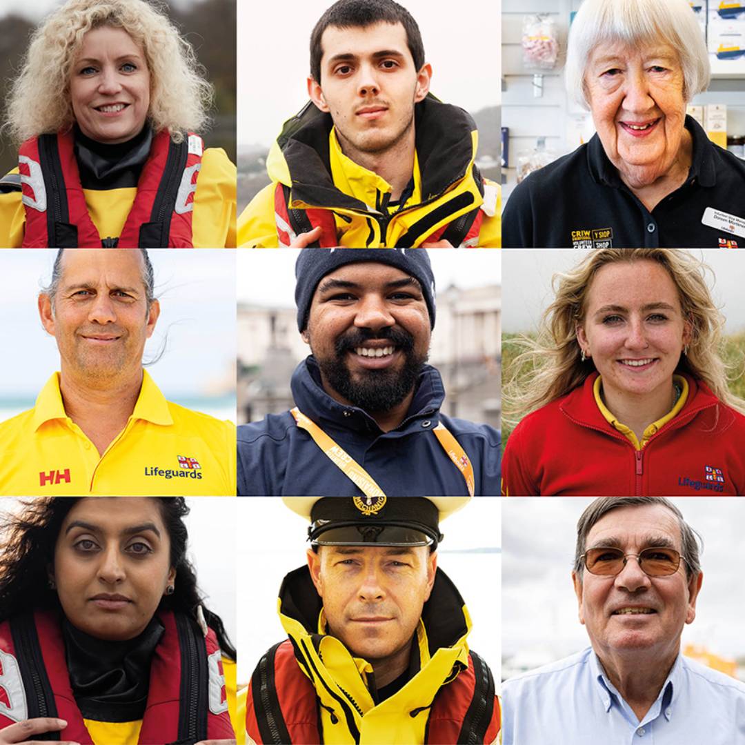 We are one crew image of different face shots of RNLI volunteers and staff