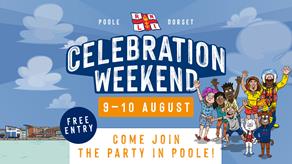 A colorful promotional poster for the RNLI Celebration Weekend event in Poole, Dorset, taking place on August 9–10 with free entry. The design features animated characters celebrating under a blue sky with clouds. Prominent text includes “CELEBRATION WEEKEND,” “9–10 AUGUST,” and “COME JOIN THE PARTY IN POOLE!” with the RNLI logo at the top.