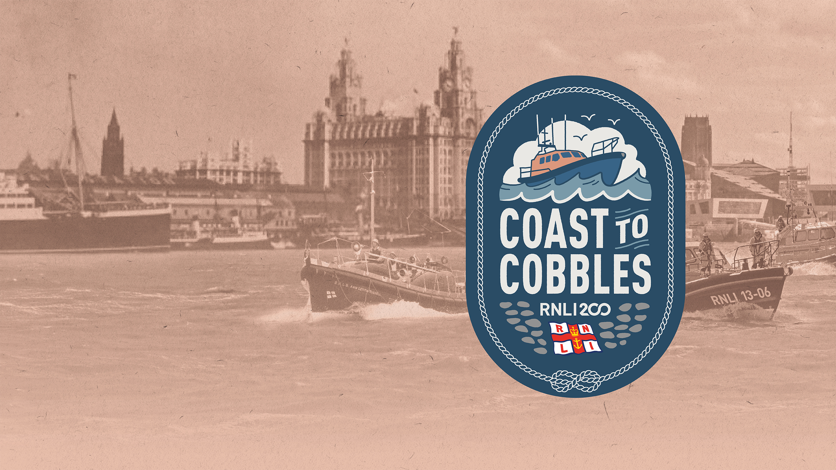 A black and white montage of modern and historic lifeboats on the River Mersey with Liverpool’s iconic Pier Head in the background