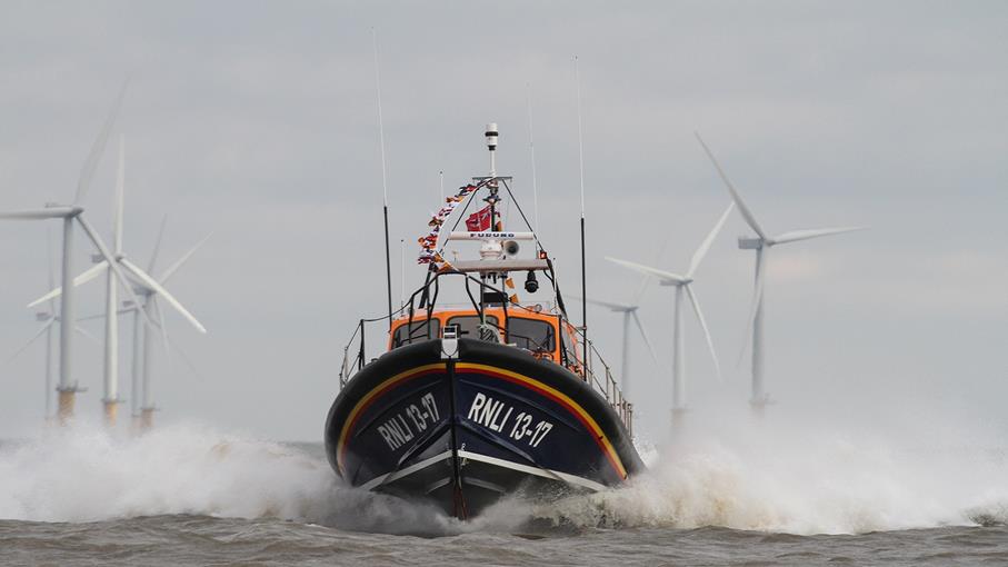 Skegness shannon class lifeboat Joel and April Grunnill 13-17 at sea during a training exercise.