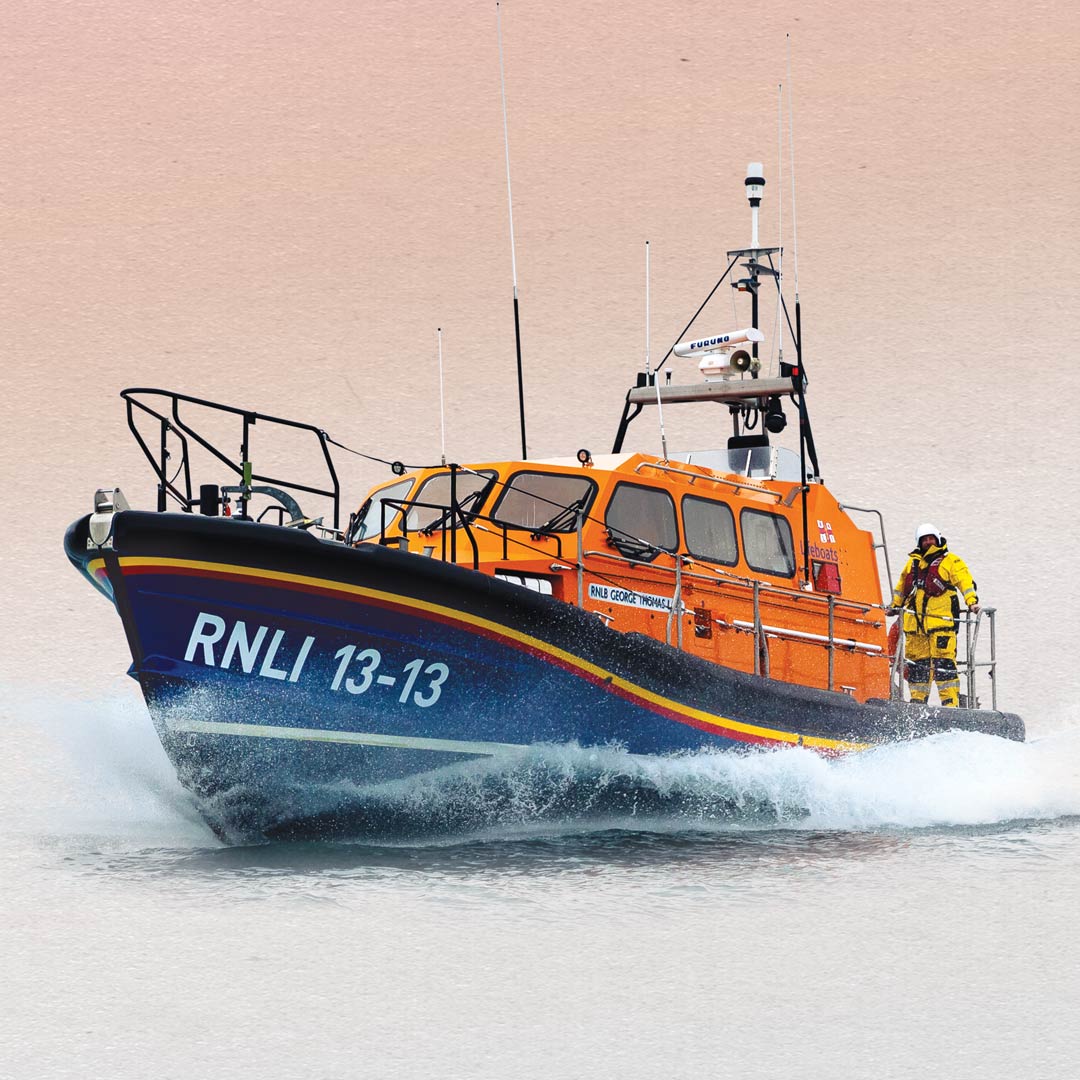 Illustration of a Swanage's Shannon class Launch A Memory lifeboat breaking through the waves
