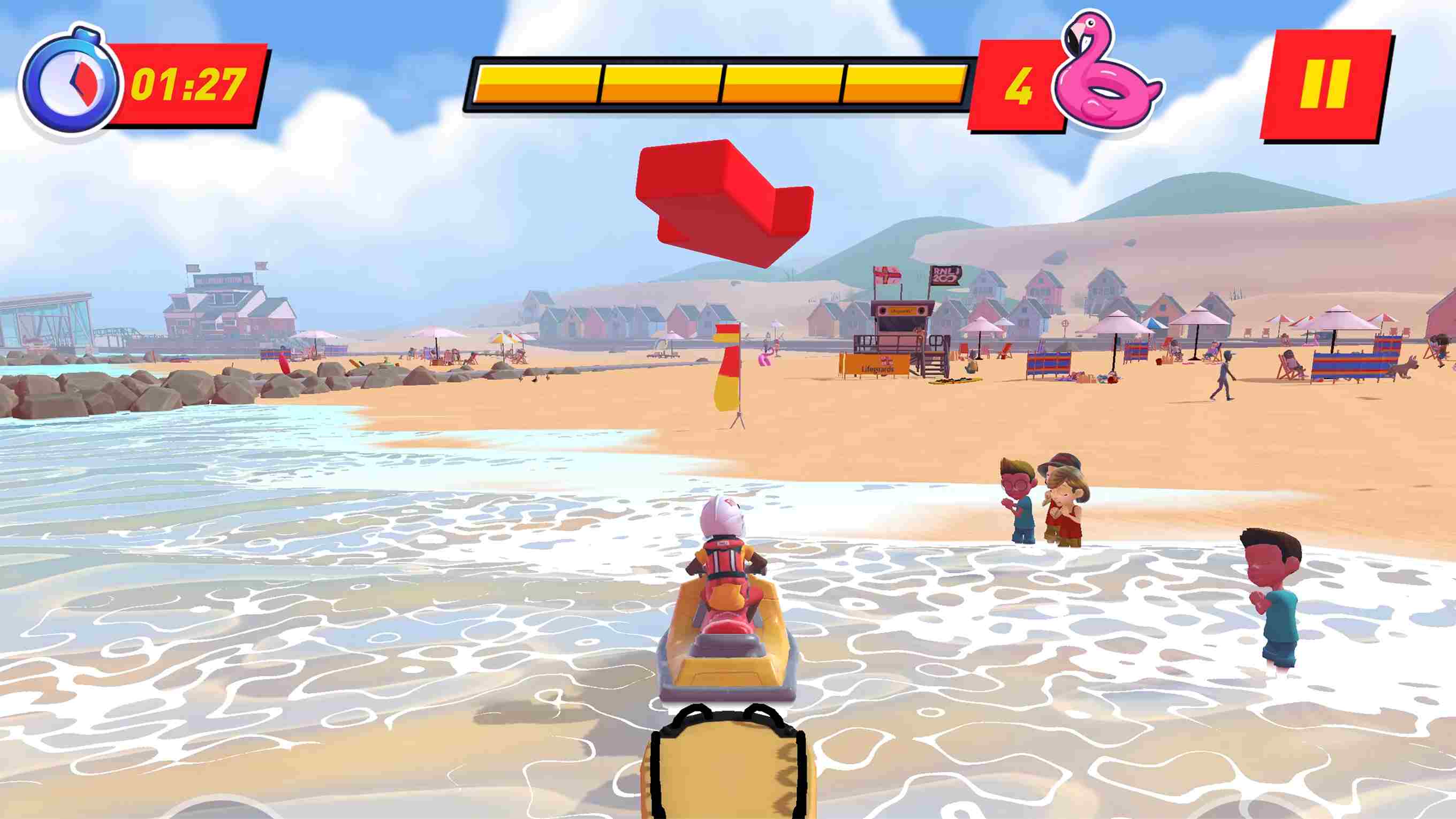 A screenshot from the RNLI’s Storm Force Rescue game. A lifeguard is on their rescue watercraft approaching the shore. Some children are paddling in the sea.