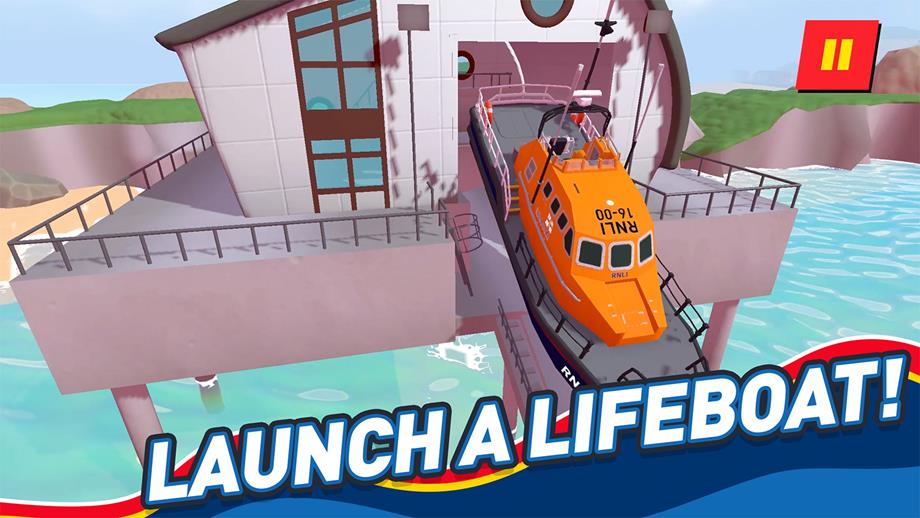 A screenshot from the RNLI’s Storm Force Rescue game. A Tamar class lifeboat is launching down a slipway