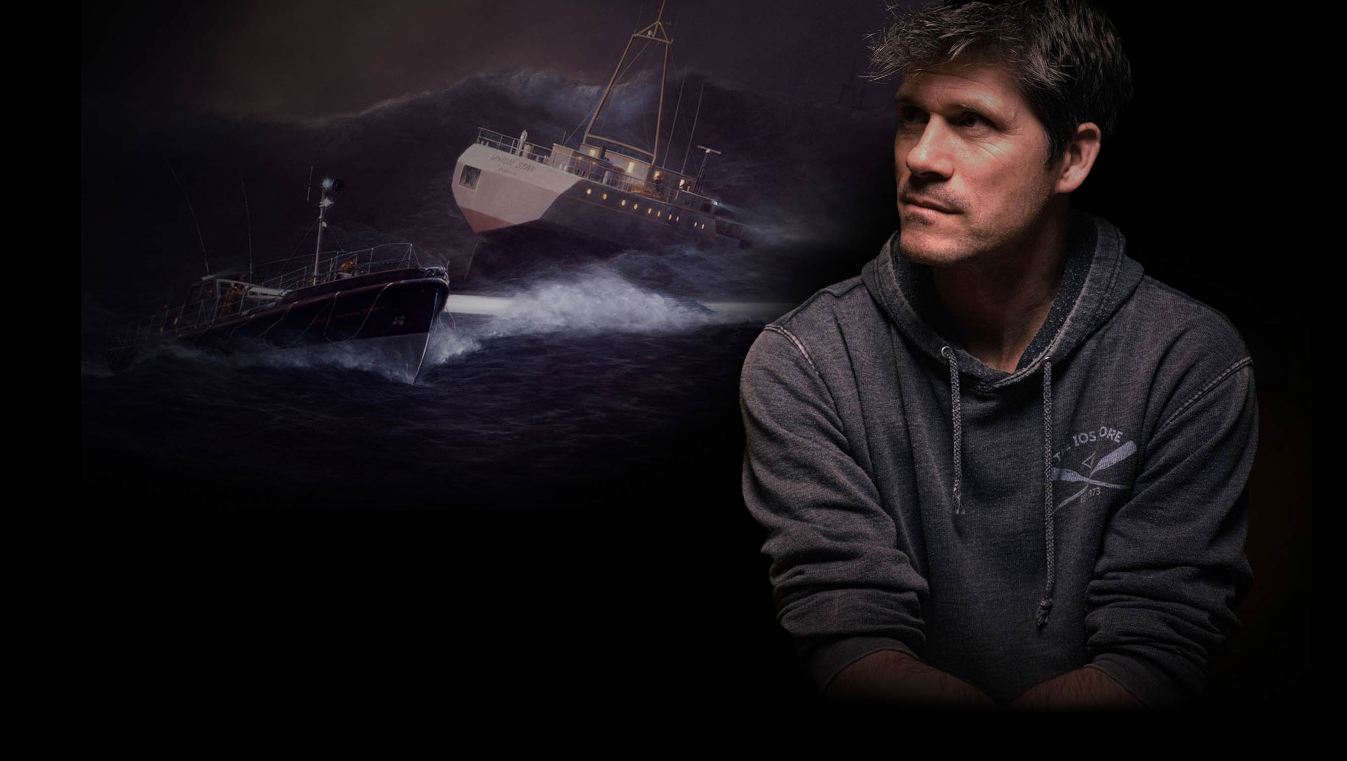 Portrait photo of folk singer Seth Lakeman composited alongside a painting of the Penlee lifeboat tragedy