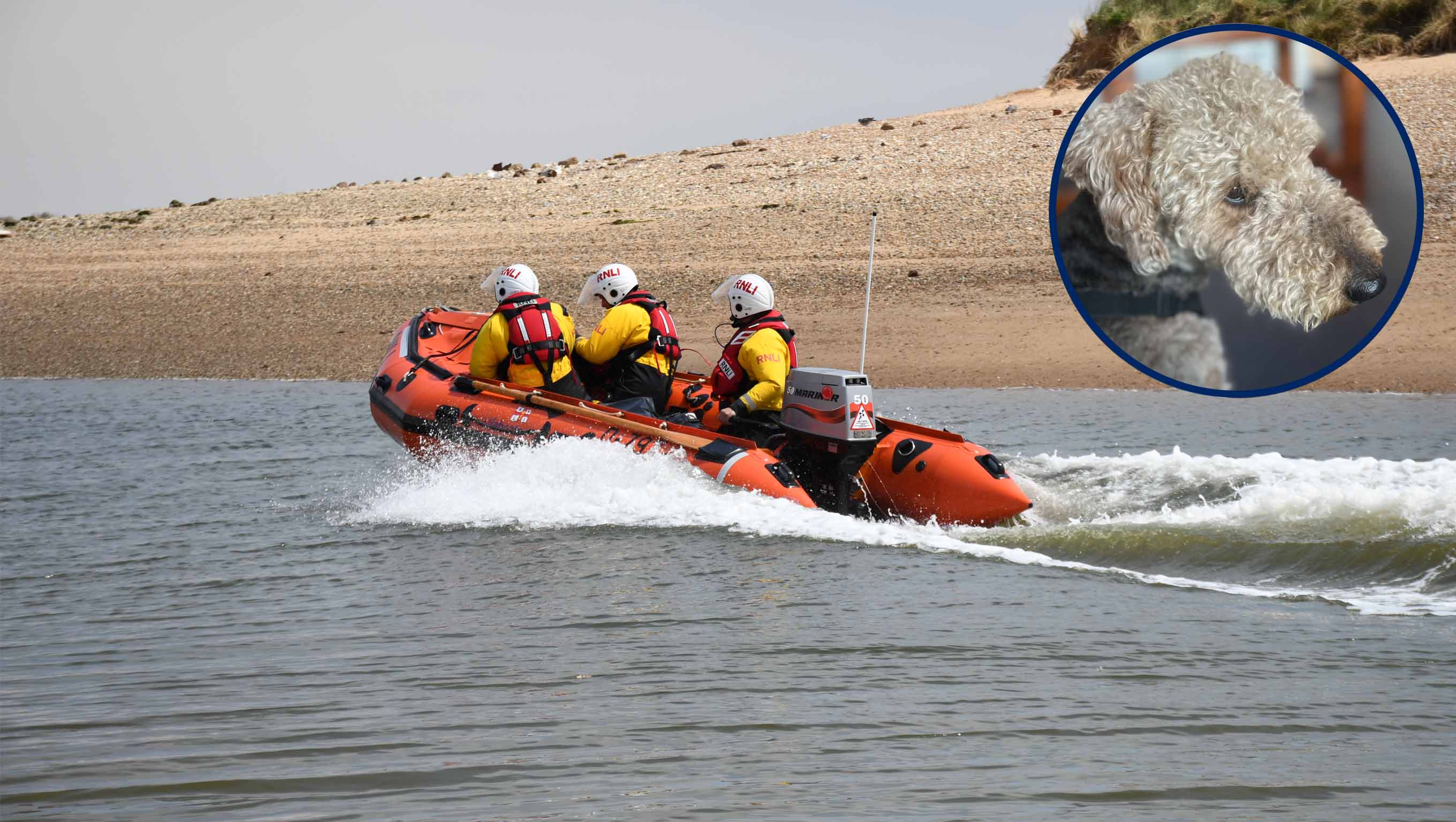 Wells D class lifeboat with three crew onboard cruise across the sea - Inset into the picture is a portrait photo of a dog Olive who was rescued by the RNLI