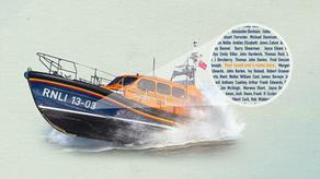 Graphic of a Shannon-class lifeboat moving through water, with a zoomed in section showing names in the numbers on the side of the lifeboat