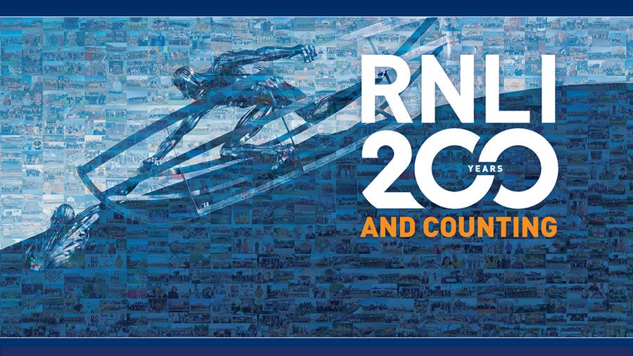 Large montage of over 500 images from RNLI communities, overlaid with the likeness of a sculpture that shows a person reaching down from a boat to rescue someone in the water. Text reading 'RNLI 200 years and counting'