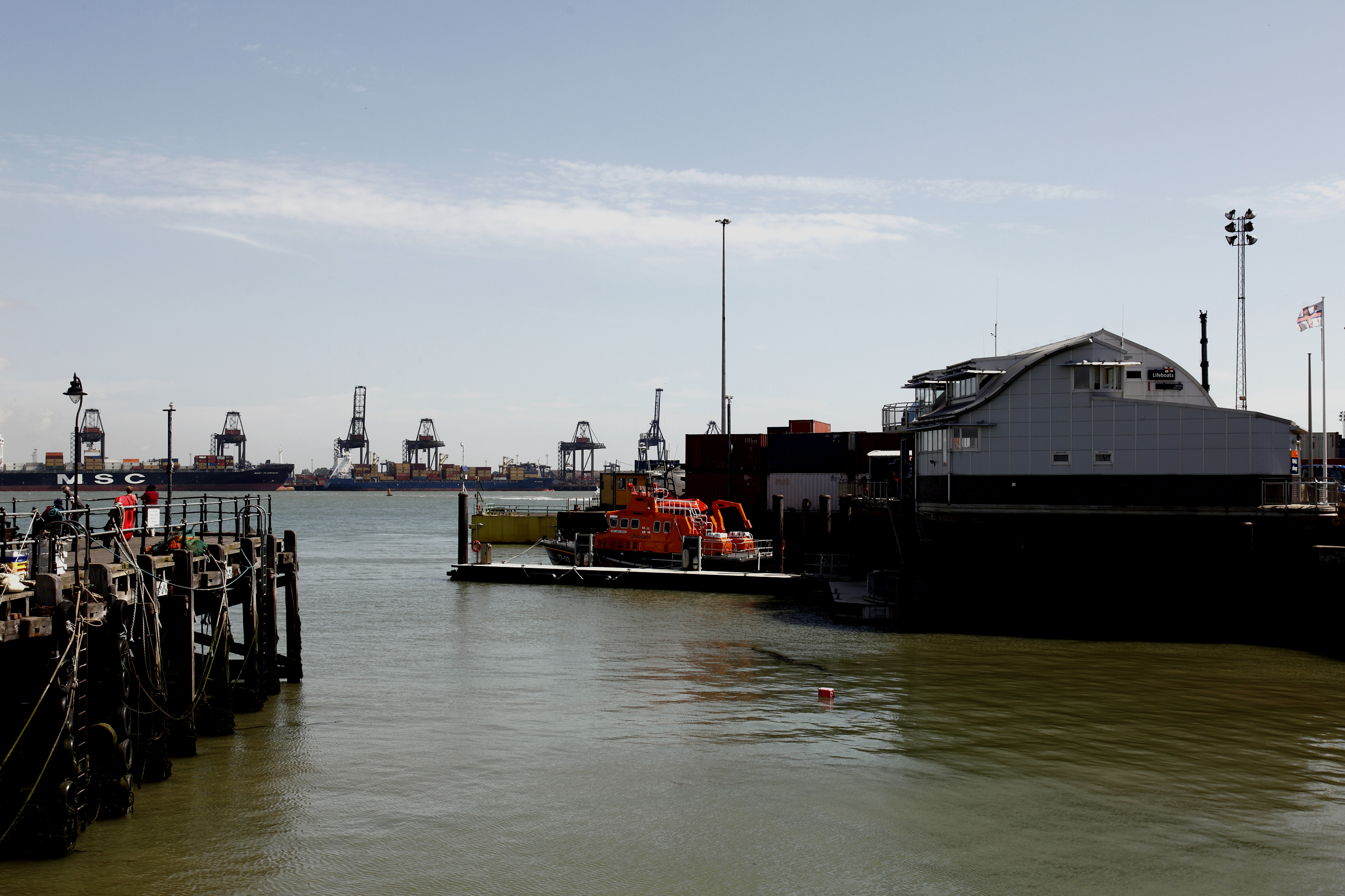 Harwich Lifeboat Station with the station’s all-weather Severn class lifeboat moored alongside in 2009