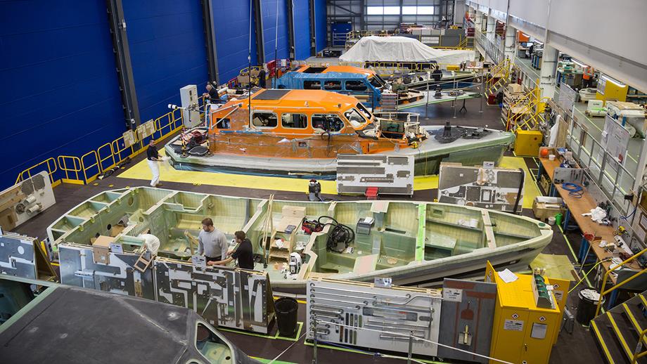 Inside the manufacturing boat hall of our All-weather Lifeboat Centre