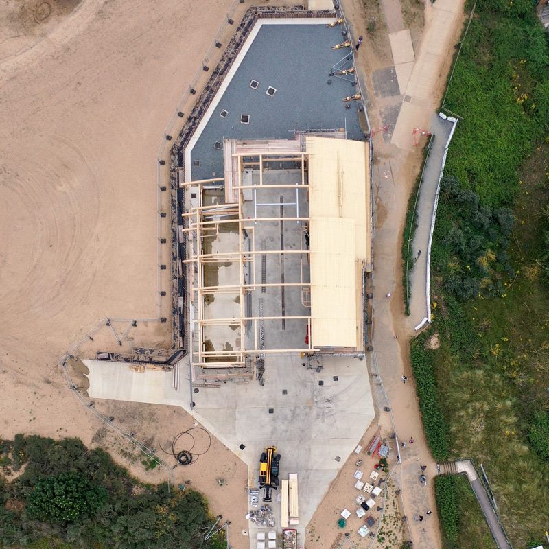 Aerial photo looking down at the wooden skeleton of the new Wells lifeboat boathouse