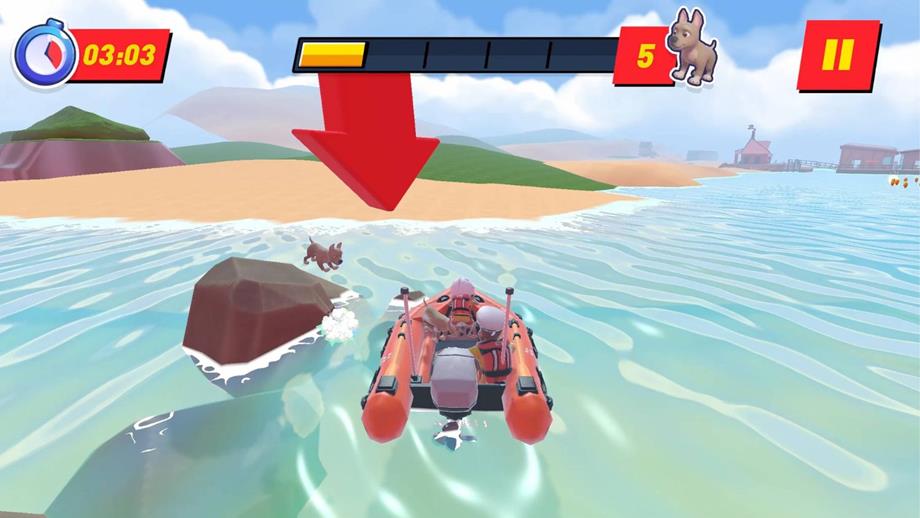 Still from the Storm Force Rescue game showing a B class lifeboat crew rescuing a dog on a rock