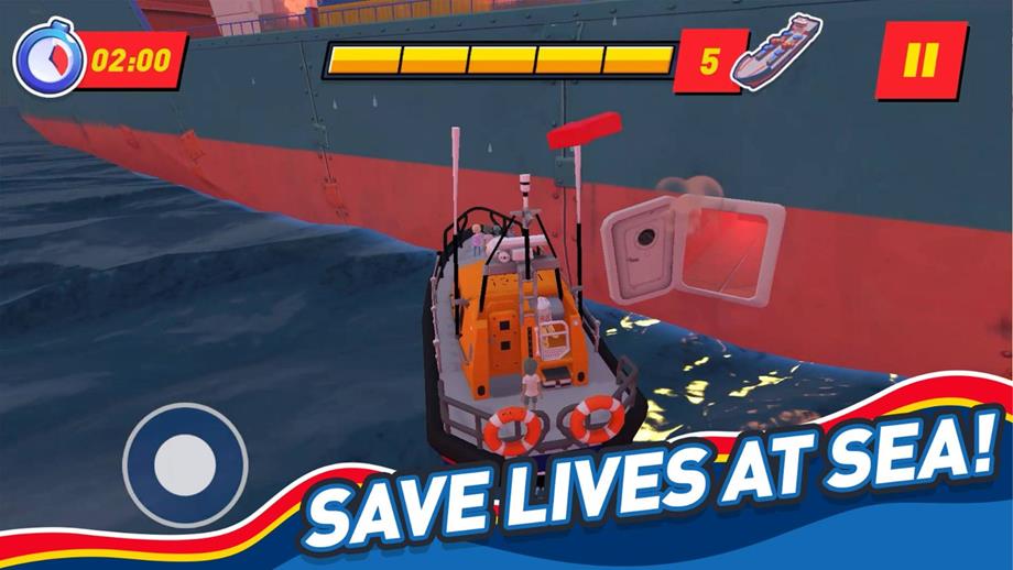 Still from the Storm Force Rescue game showing a Tamar class lifeboat alongside a burning cargo ship
