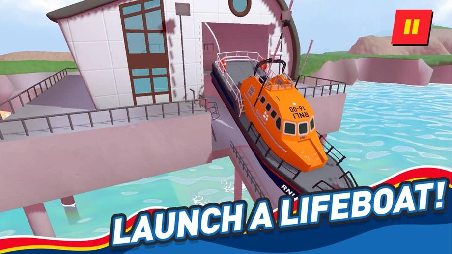 Still from the Storm Force Rescue game showing a Tamar class lifeboat launching down a slipway