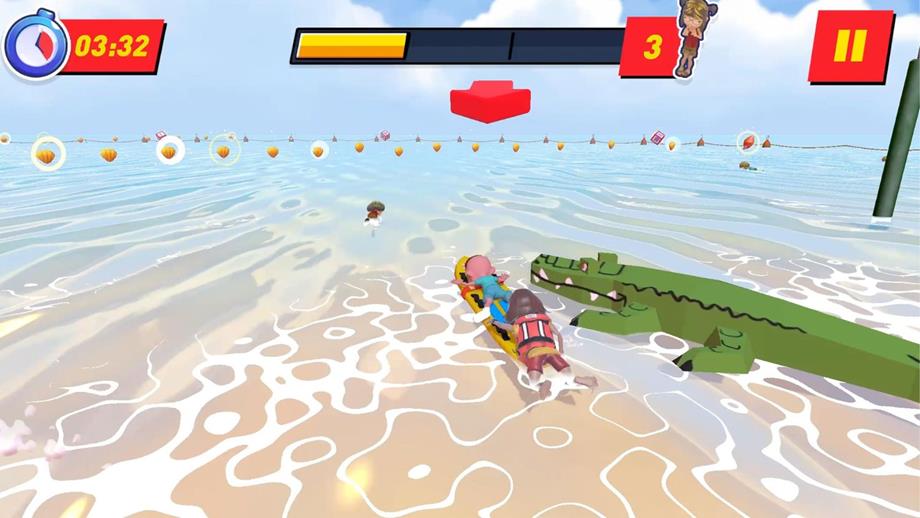 Still from the Storm Force Rescue game showing a lifeguard rescuing someone on a body-board next to an alligator